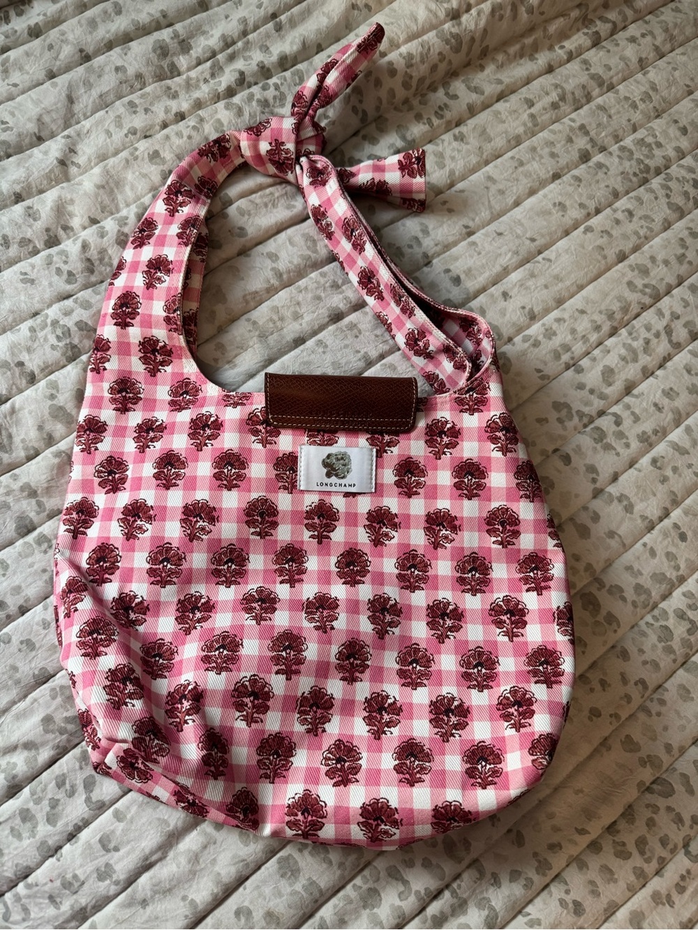 Longchamp Pink Floral Gingham Shoulder Bag with Brown Trim